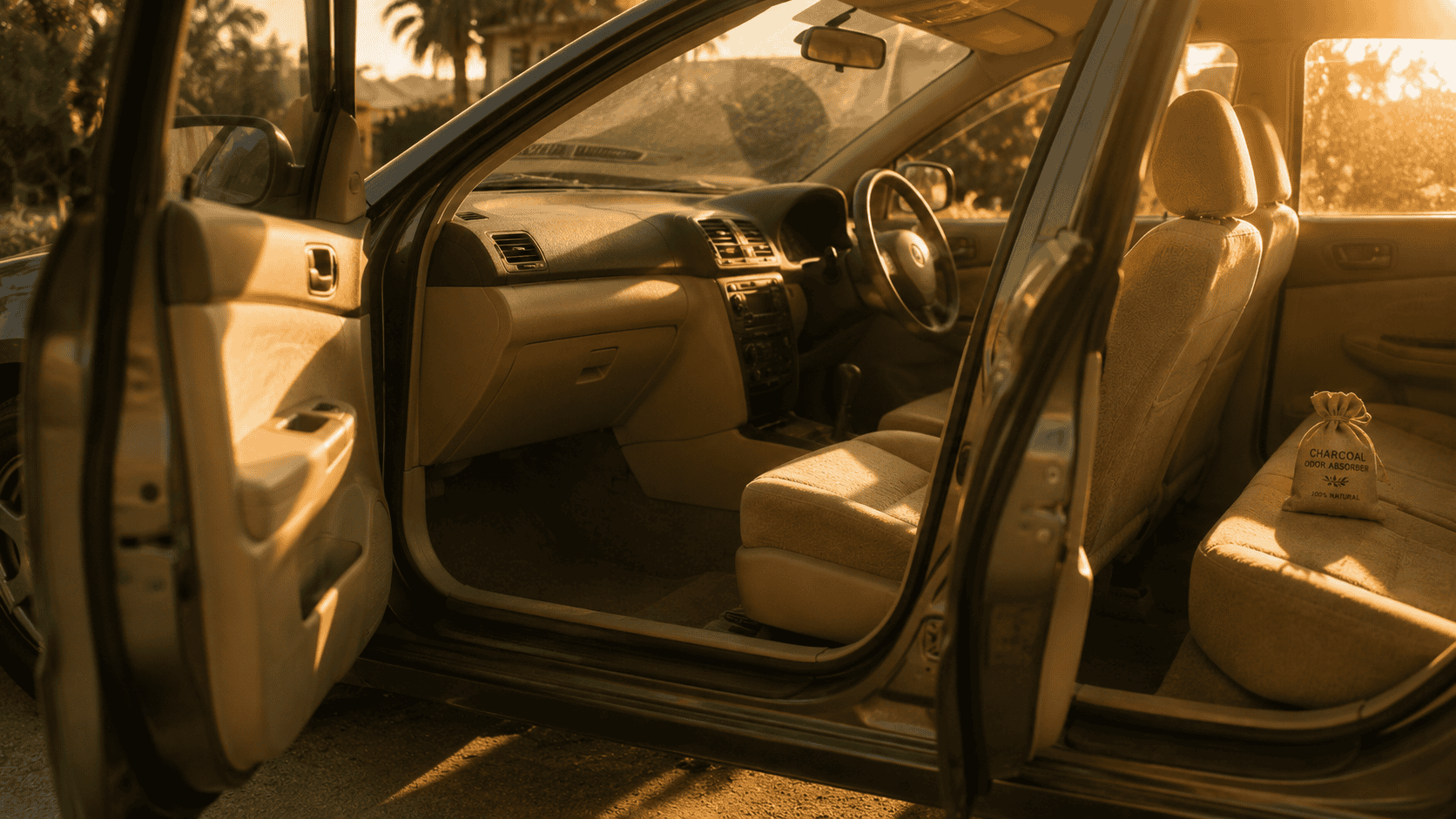 Open driver door at golden hour, clean cabin, charcoal bag visible on the back seat — the calm finish