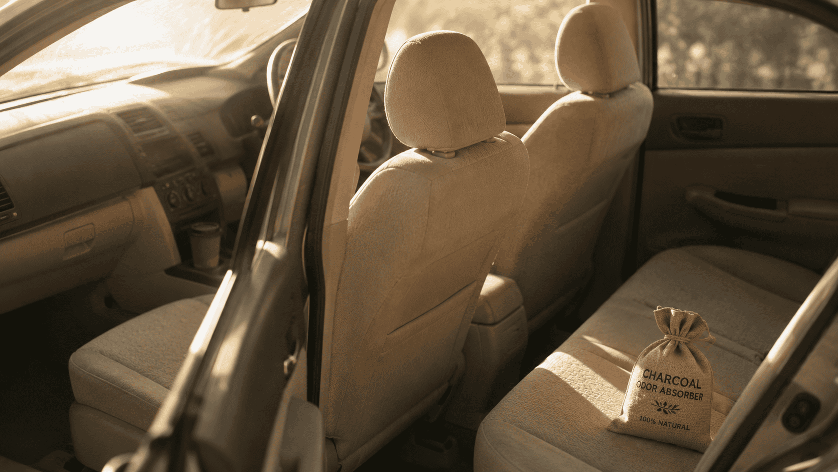 Sunlit car interior at morning with open passenger door, clean cream upholstery, and a small charcoal bag on the back seat