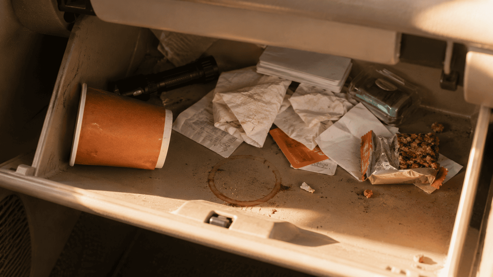 Open glove box with crumpled receipts, dust, an old coffee cup, and a dropped granola bar wrapper — the daily accumulation we never think about