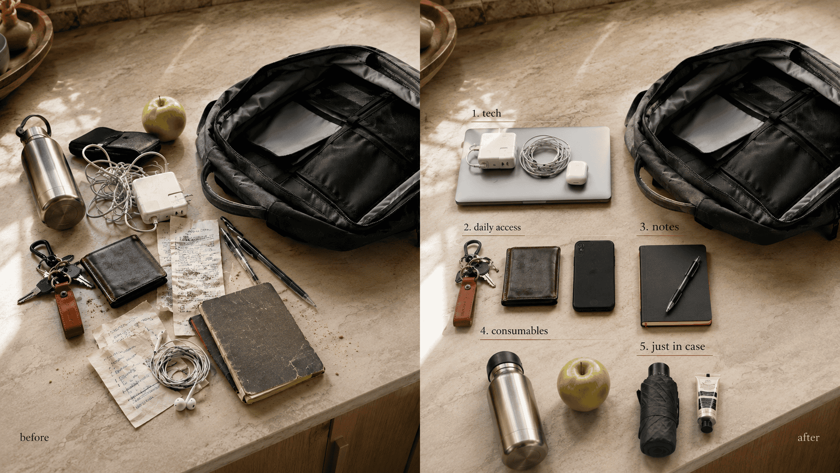 Before and after split image of the same backpack. Left: contents dumped in a scattered pile including a charger, wallet, water bottle, notebook, and receipts. Right: the same items organized into five labeled zones, tech, daily access, notes, consumables, and just in case. CarryCommute