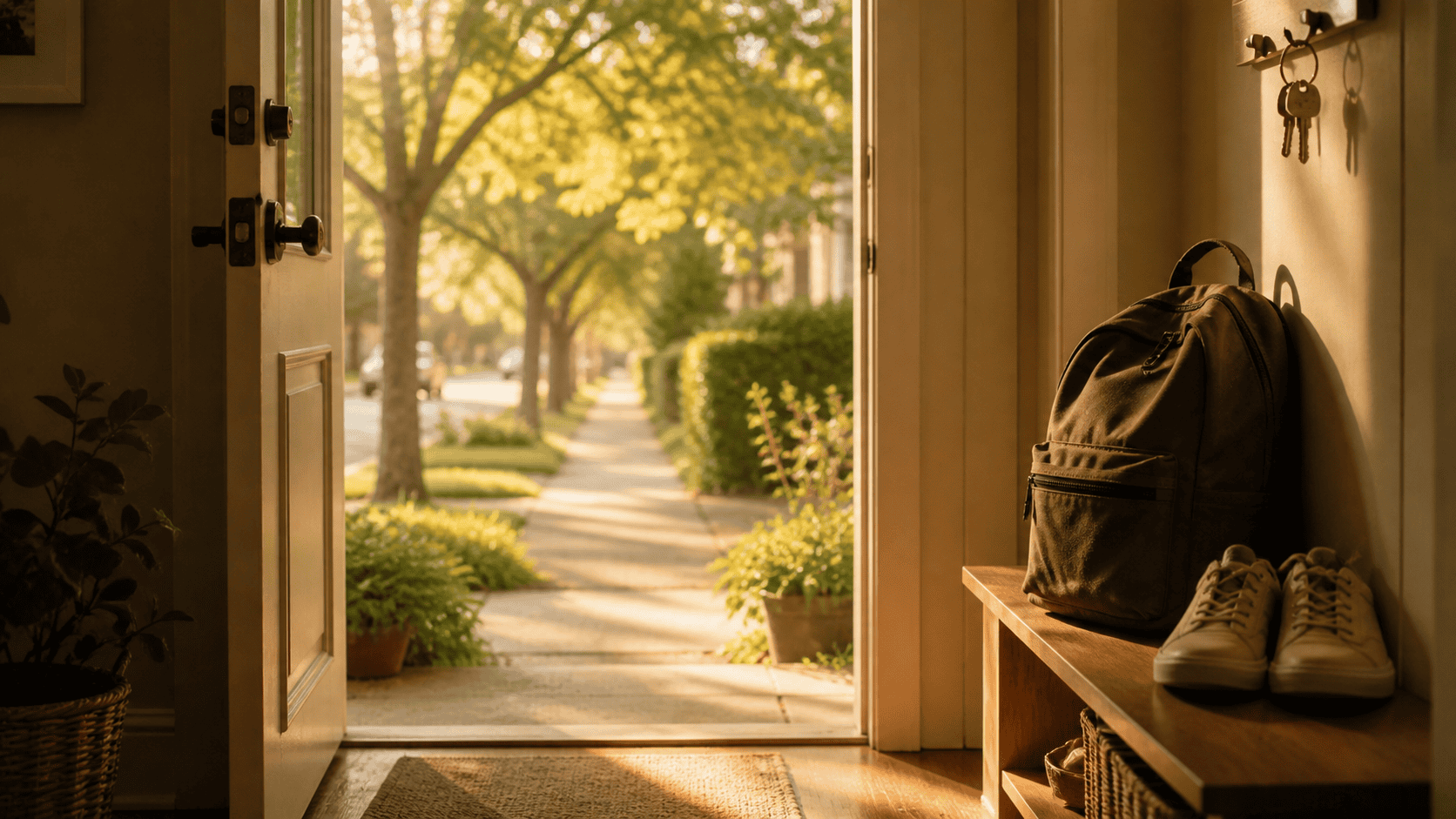 Calm morning doorstep with packed bag, keys on hook, and sunlit tree-lined sidewalk — commute friction resolved