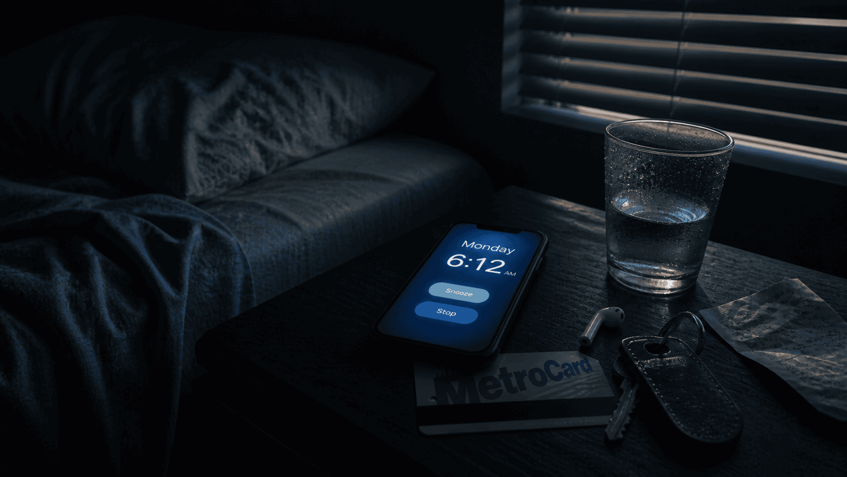 Monday 6:12 AM alarm on phone next to MetroCard and keys on dark nightstand — CarryCommute