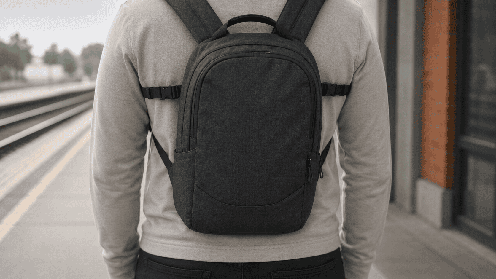 A commuter wearing a backpack correctly: both straps on, bag sitting high against the mid-back, sternum strap clipped across the chest, spine upright. Editorial documentary style. CarryCommute