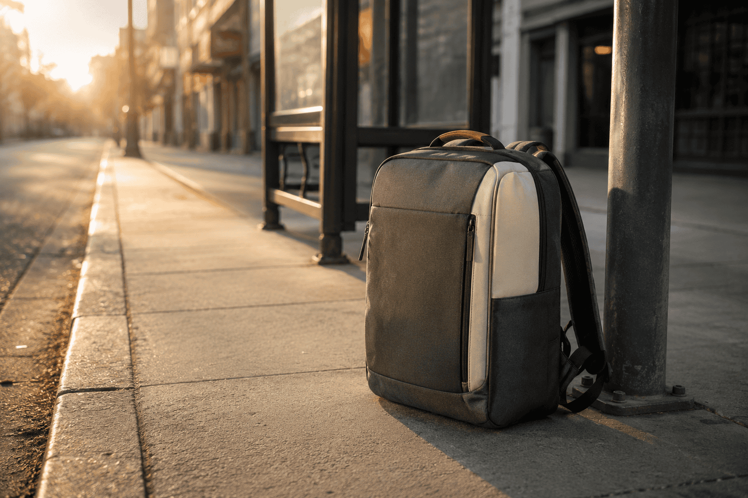 A commuter on a morning sidewalk with a structured backpack on both shoulders, laptop bag profile, soft low sun behind