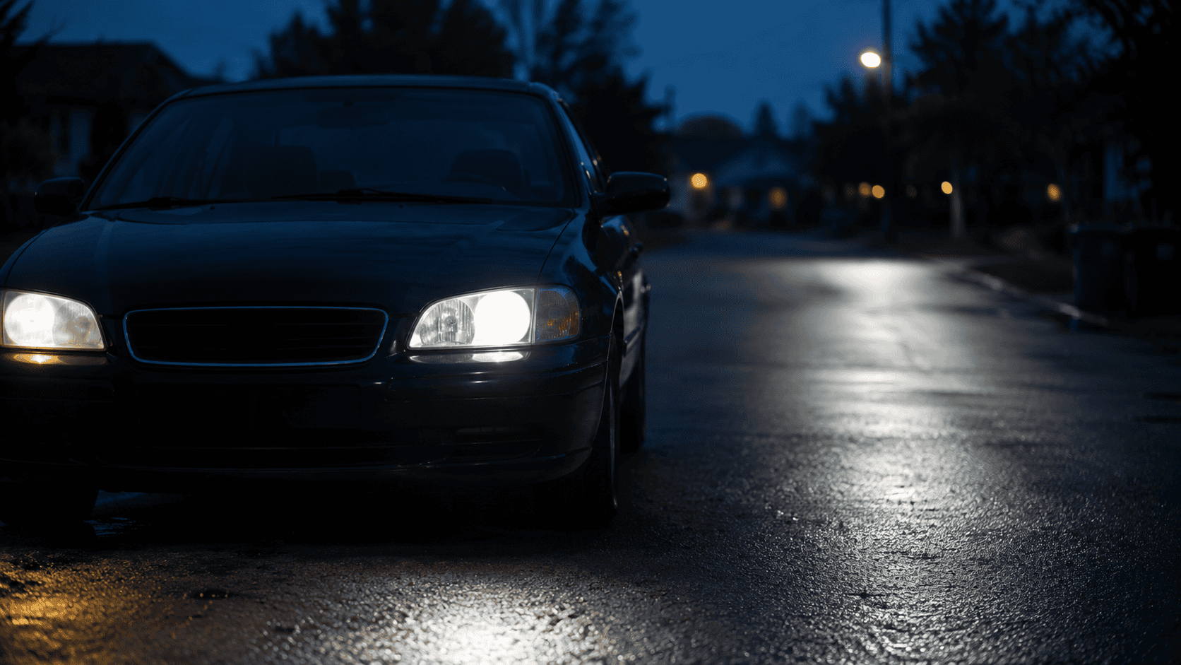 Cloudy, yellowed car headlights beside clear restored ones at night, showing how oxidized lenses lose light on the road