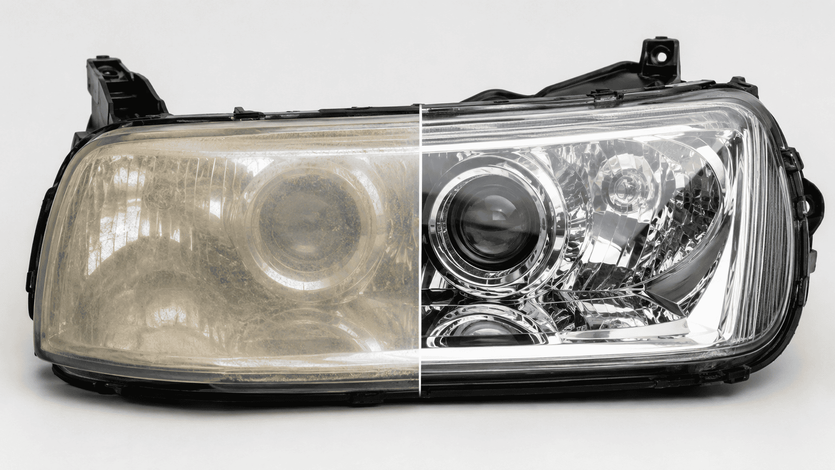 Foggy headlights before and after restoration: a hazy oxidized lens on the left and the same lens sanded, polished, and resealed clear on the right