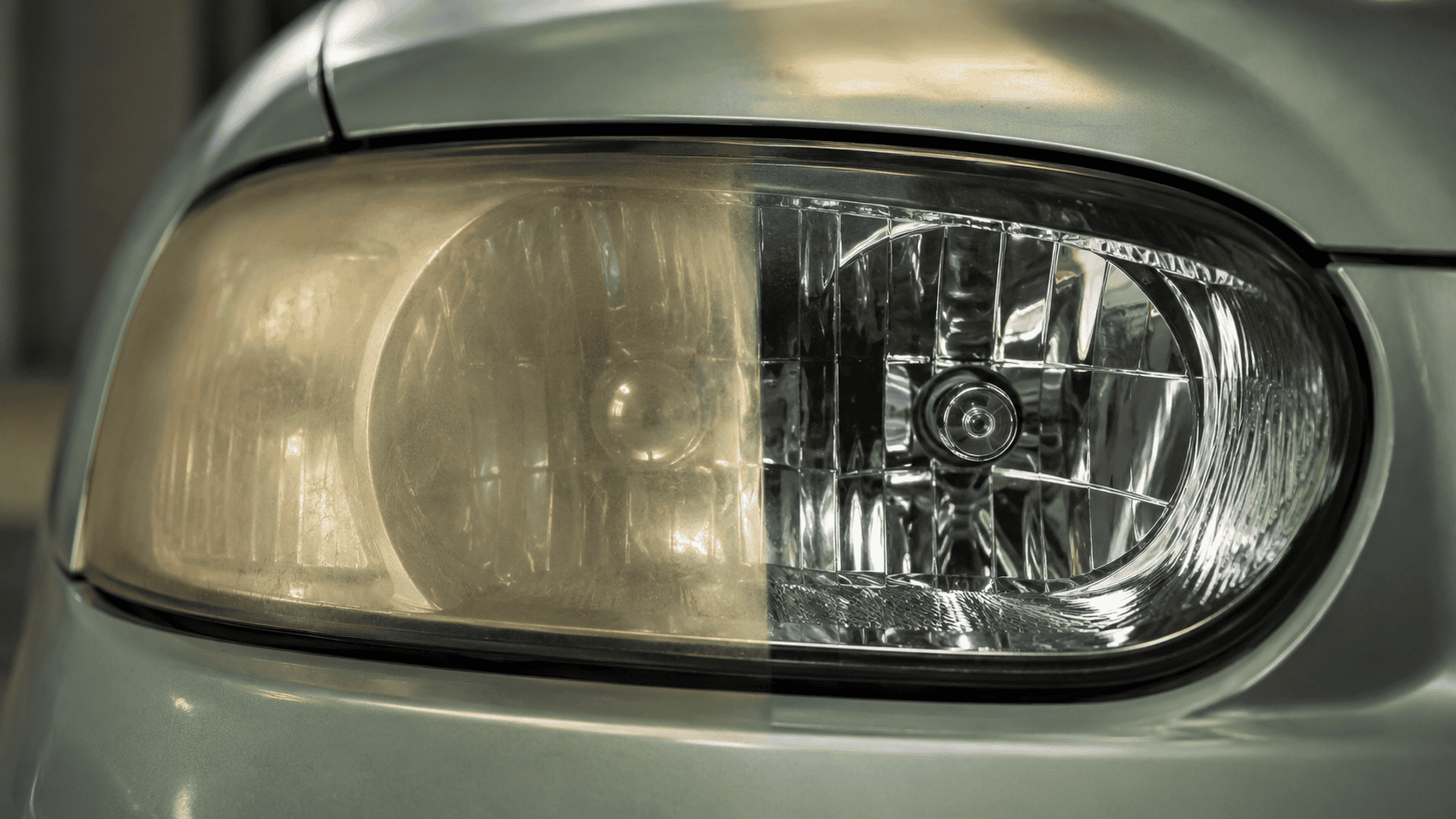 Macro close-up of a single car headlight on the vehicle, the left half yellowed and oxidized, the right half restored to clear glossy plastic