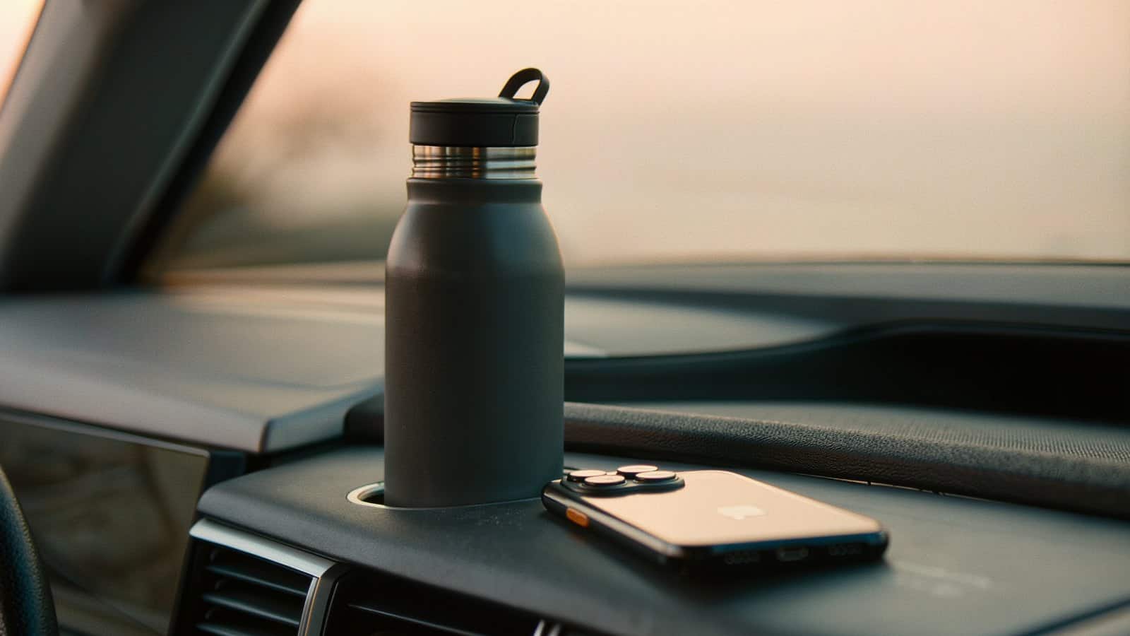 Close-up of a car dashboard at morning: a slim charcoal insulated steel bottle seated cleanly in the cup holder, a phone lying beside it, soft windshield glow behind