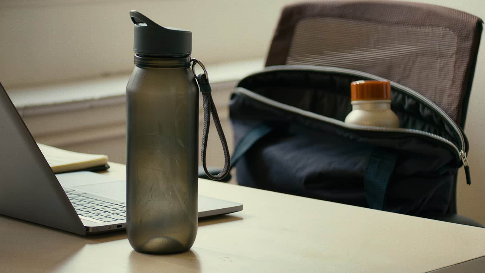 A tidy office desk in soft light: a clear wide-mouth plastic bottle beside a laptop, and a small steel commuter bottle standing in an open bag on the chair