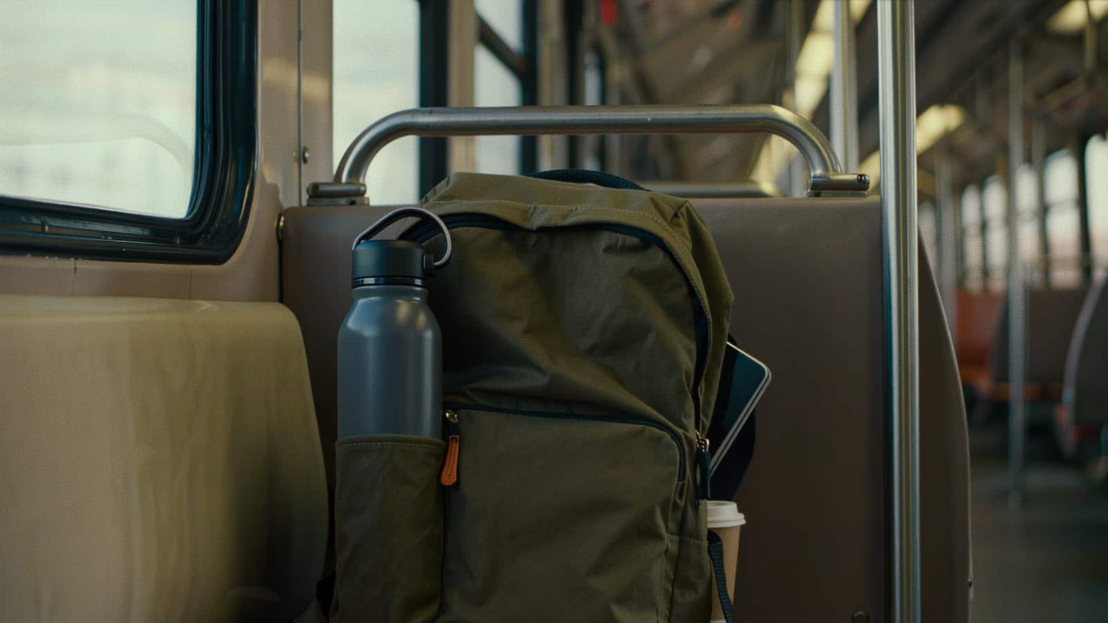 Morning light on a train seat: an olive commuter backpack with a slim grey insulated steel bottle in the side pocket, a laptop tucked in the main compartment, and a paper coffee cup beside it